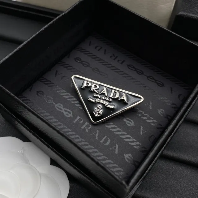 Prada Triangle Logo Brooch Black Silver Triangular Enamel Metal Brooch 3