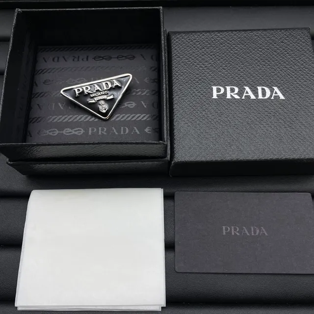 Prada Triangle Logo Brooch Black Silver Triangular Enamel Metal Brooch 4