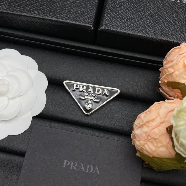 Prada Triangle Logo Brooch Black Silver Triangular Enamel Metal Brooch 6
