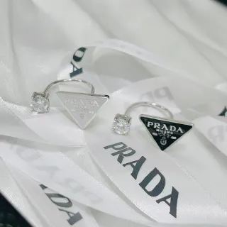 Prada Triangle Logo Enamel and Crystal Open-Band Rings