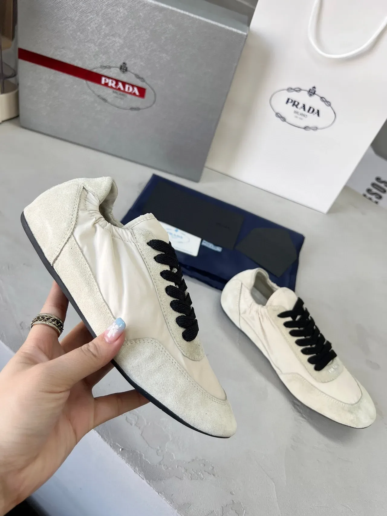 Prada White Black Low-Top Elasticated Collar Lifestyle Sneakers 4
