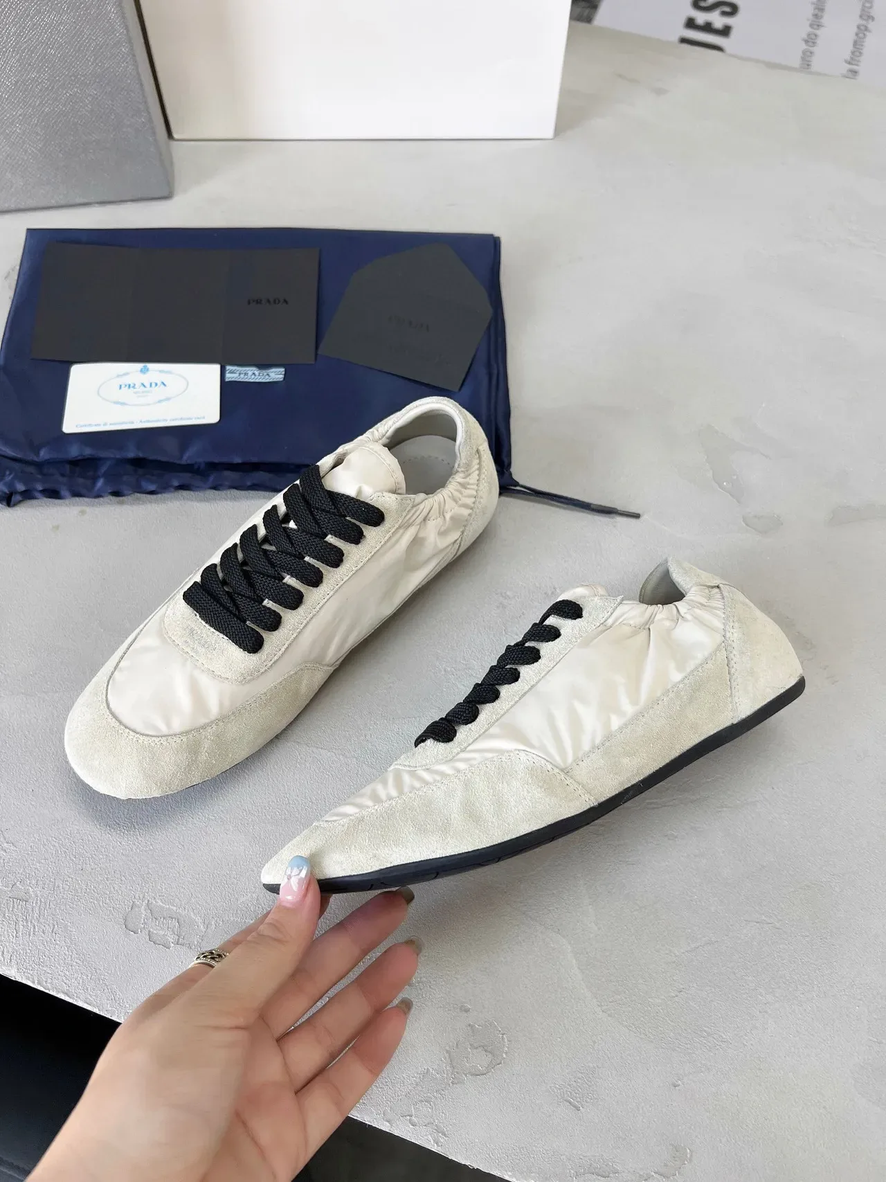 Prada White Black Low-Top Elasticated Collar Lifestyle Sneakers 5