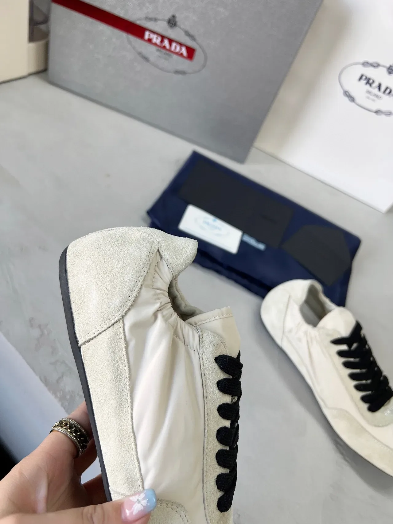 Prada White Black Low-Top Elasticated Collar Lifestyle Sneakers 7