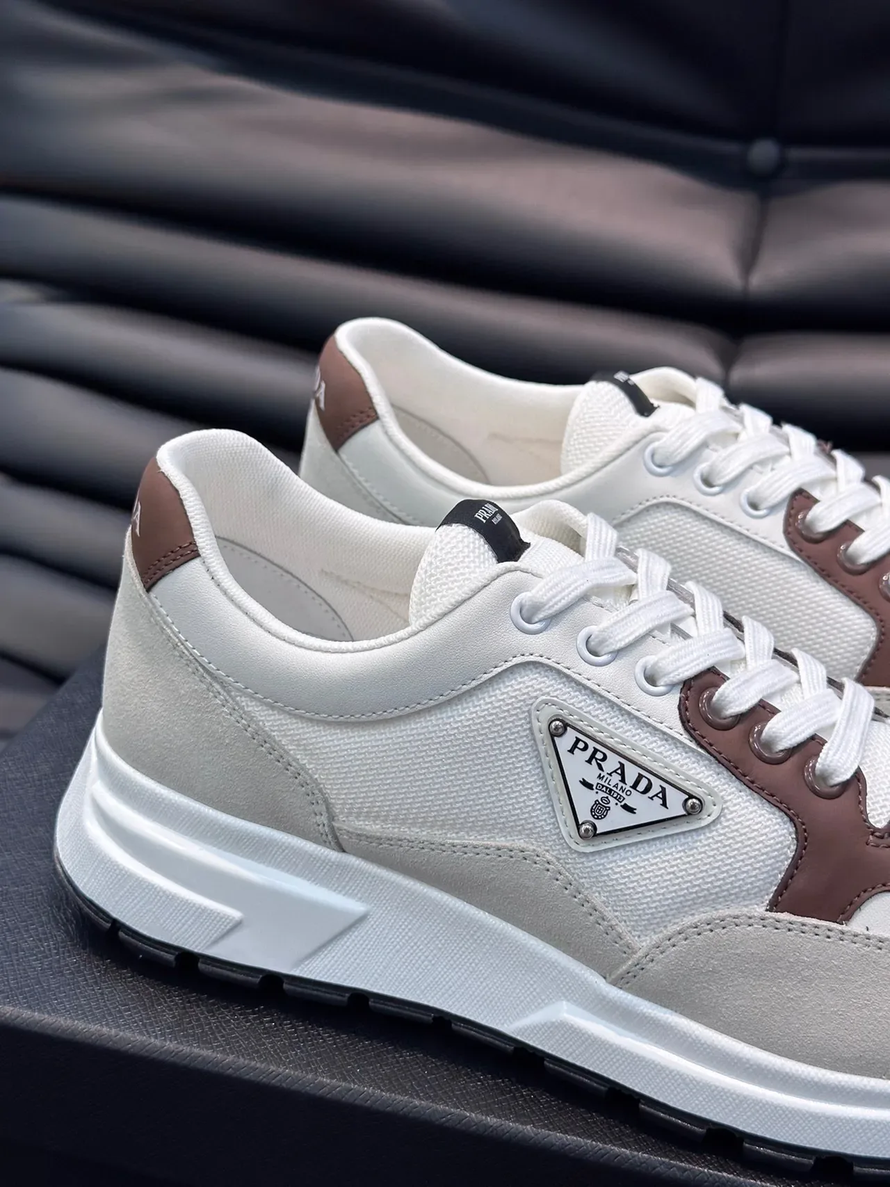 Prada White Brown Two-Tone Perforated Toe Cap Lifestyle Sneakers 6