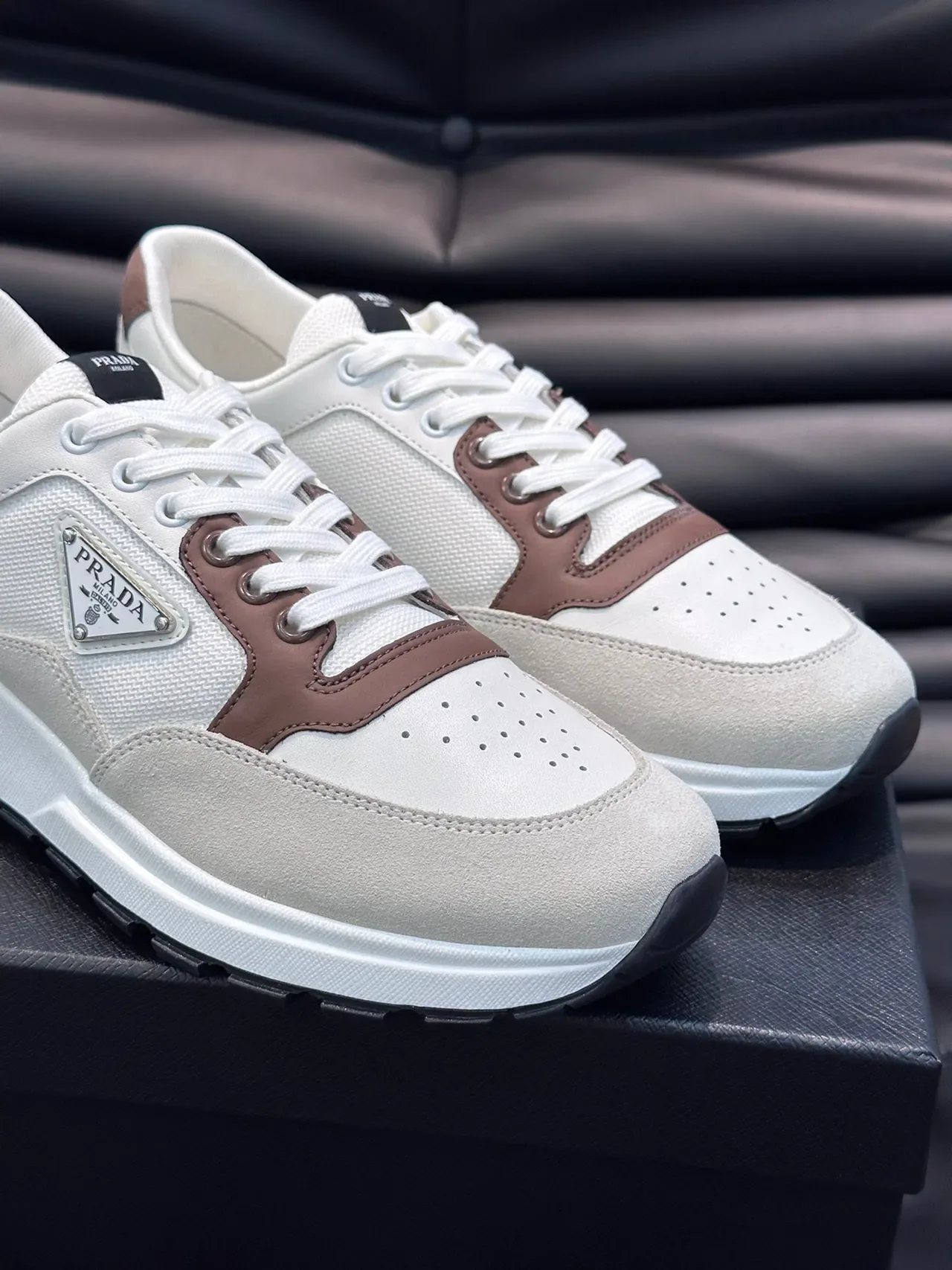 Prada White Brown Two-Tone Perforated Toe Cap Lifestyle Sneakers 7