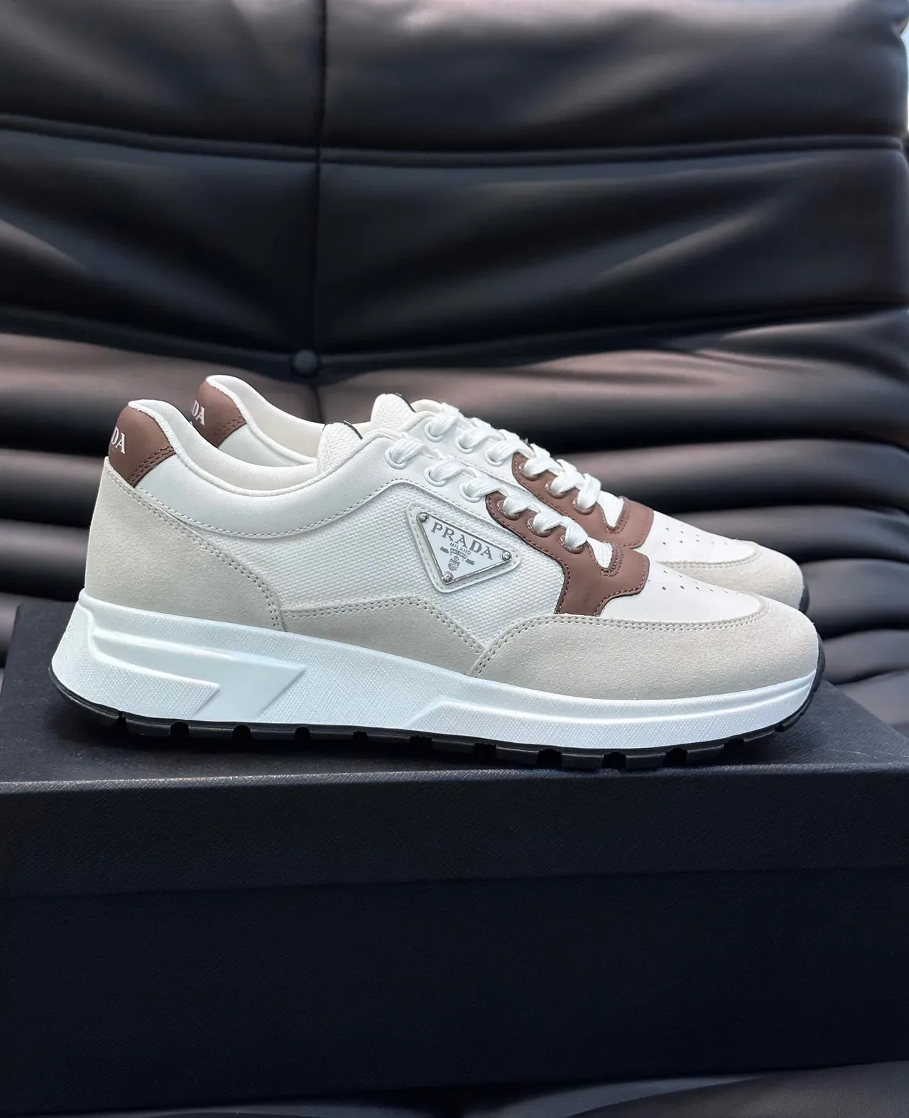 Prada White Brown Two-Tone Perforated Toe Cap Lifestyle Sneakers 8