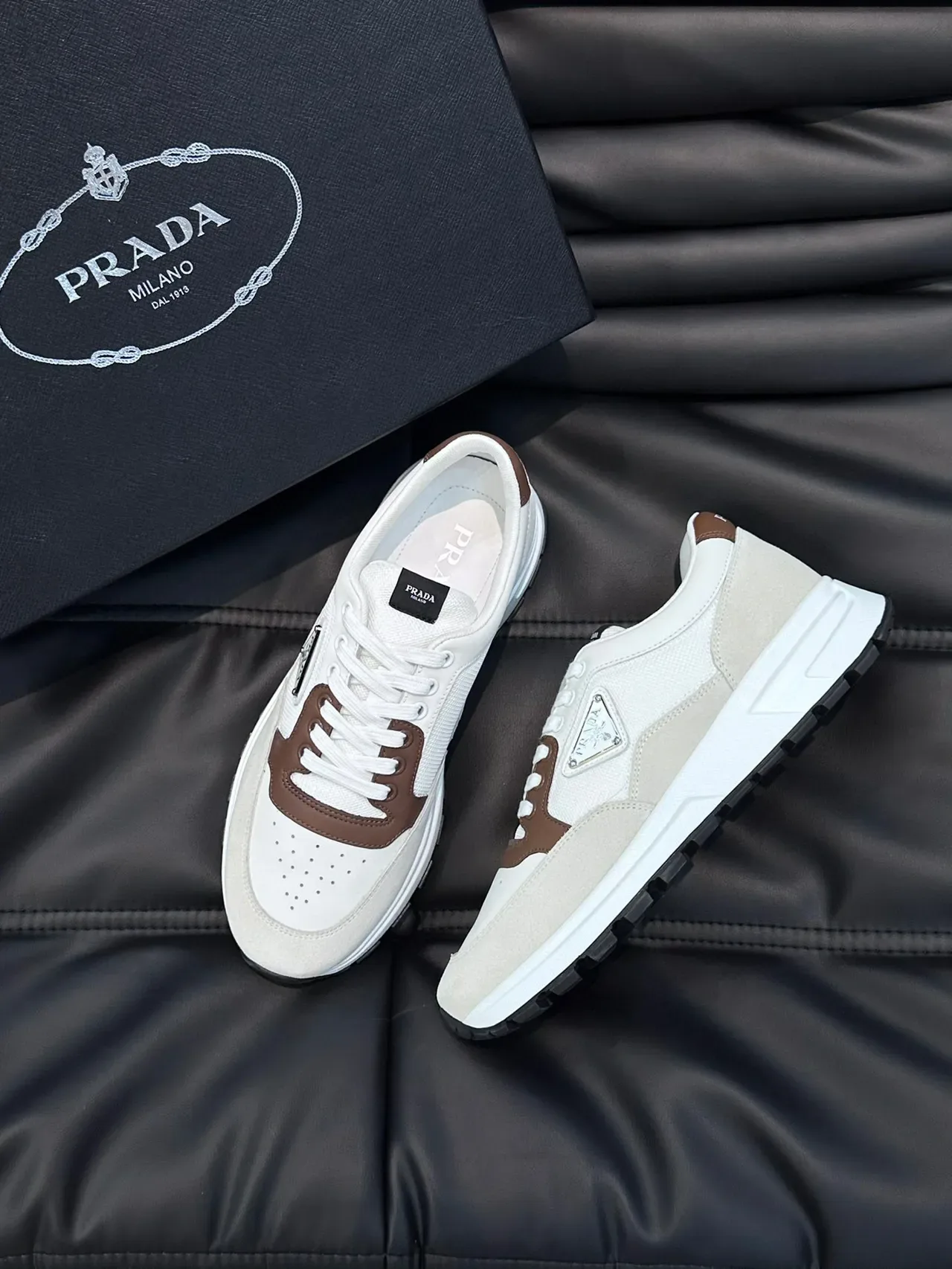 Prada White Brown Two-Tone Perforated Toe Cap Lifestyle Sneakers 9