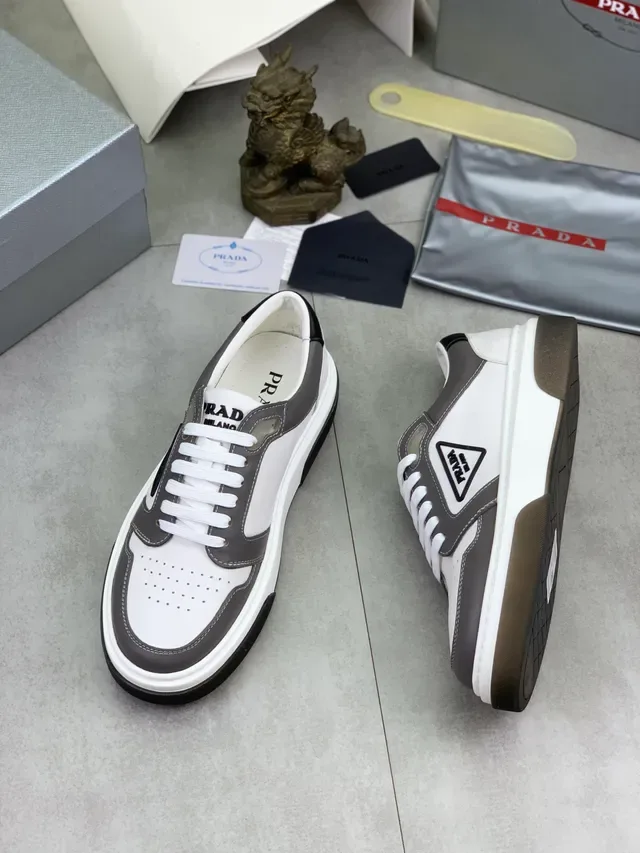 Prada White Gray Leather Perforated Toe Lifestyle Sneakers 5