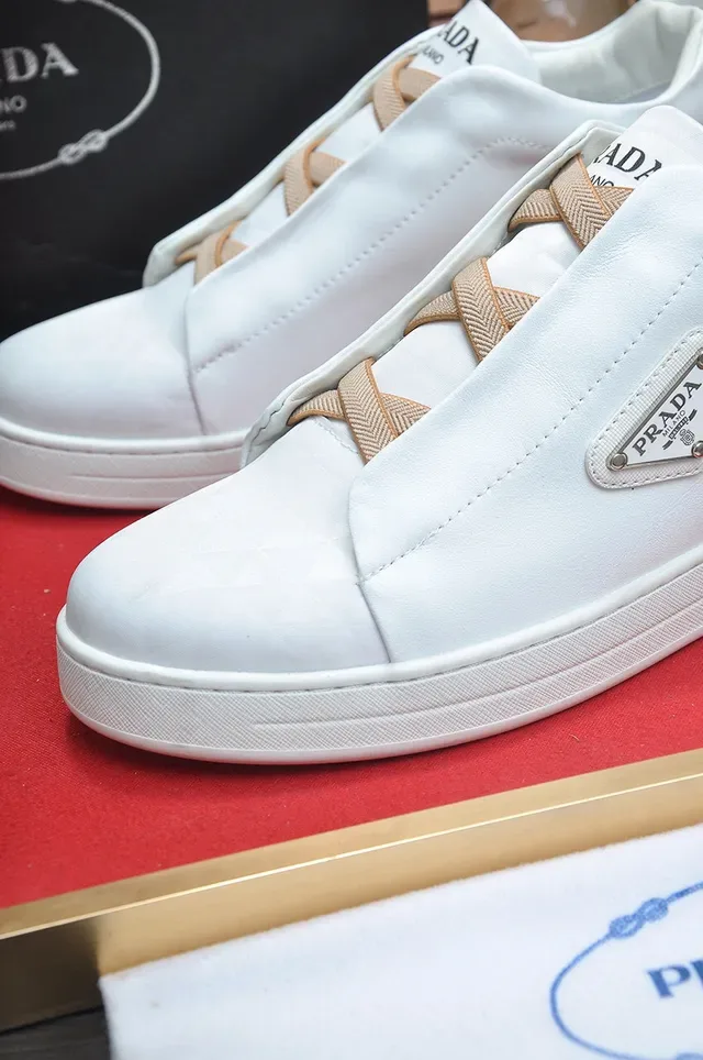 Prada White Laceless Elastic Vamp Smooth Leather Upper Lifestyle Sneakers 3