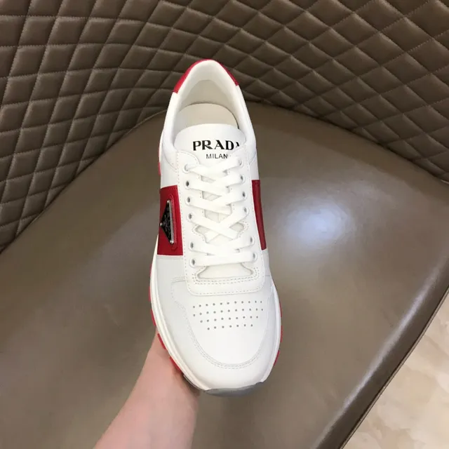 Prada White Red Leather And Textile Upper Bold Side Stripe Lifestyle Sneakers 4