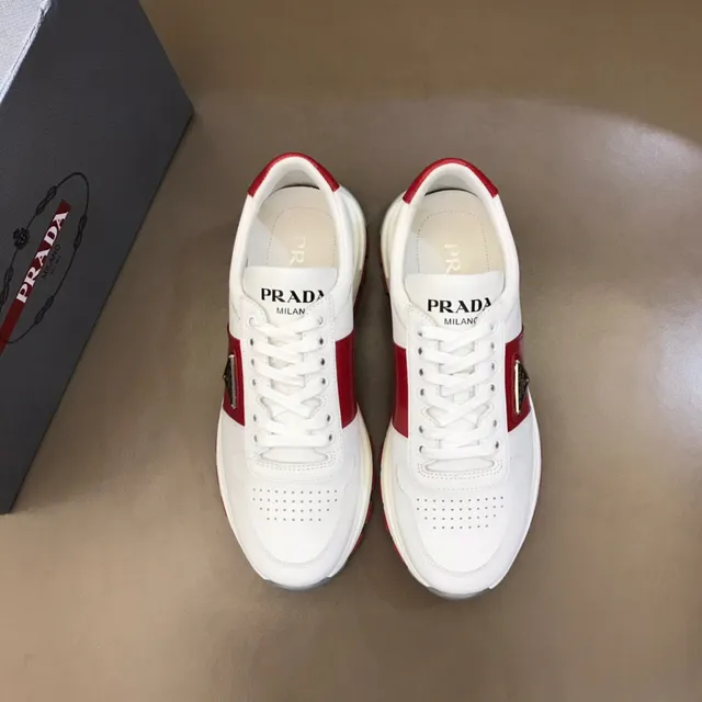 Prada White Red Leather And Textile Upper Bold Side Stripe Lifestyle Sneakers 9