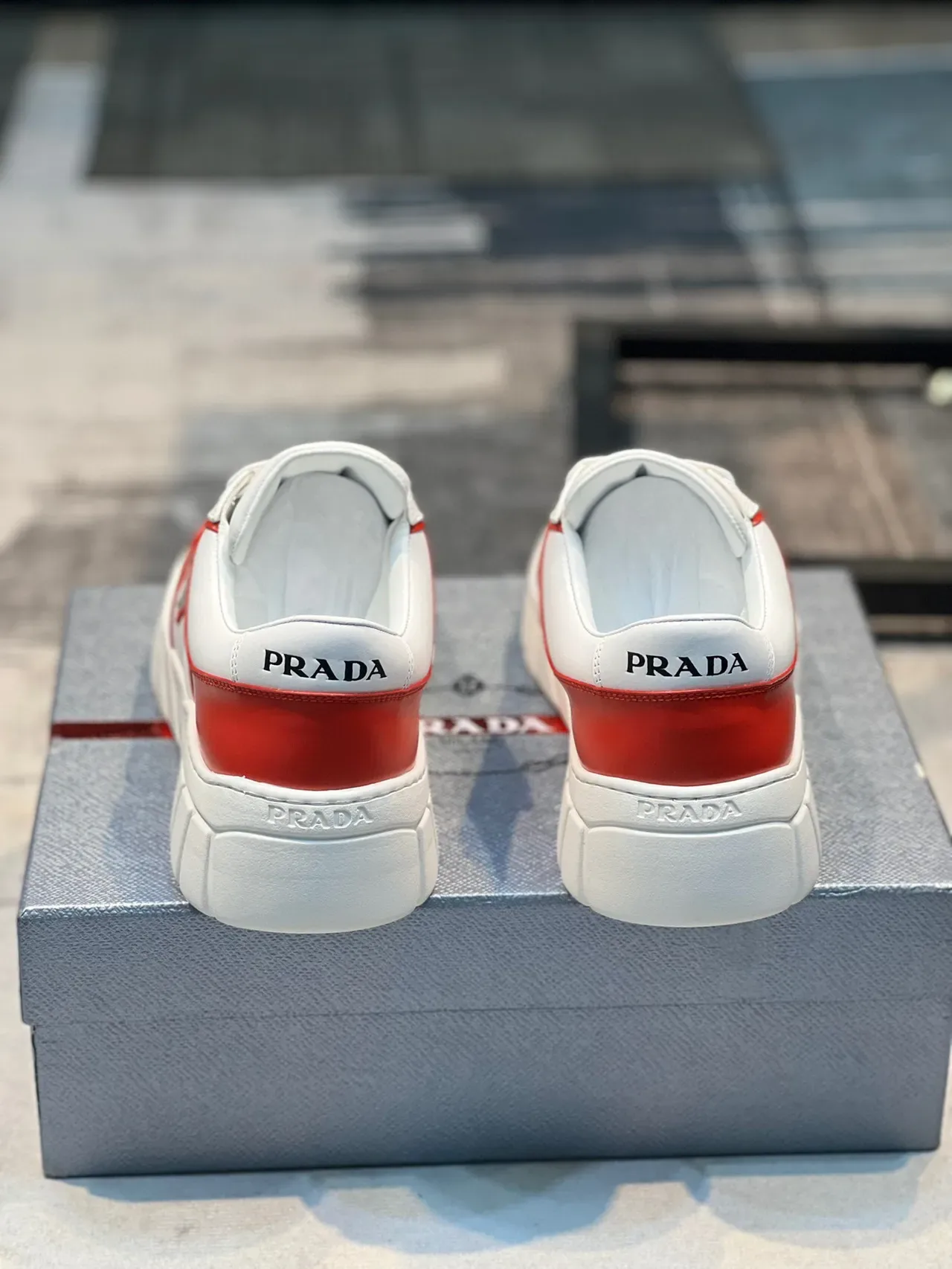 Prada White Red Ridged Sole Perforated Toe Cap Chunky Sneakers 2