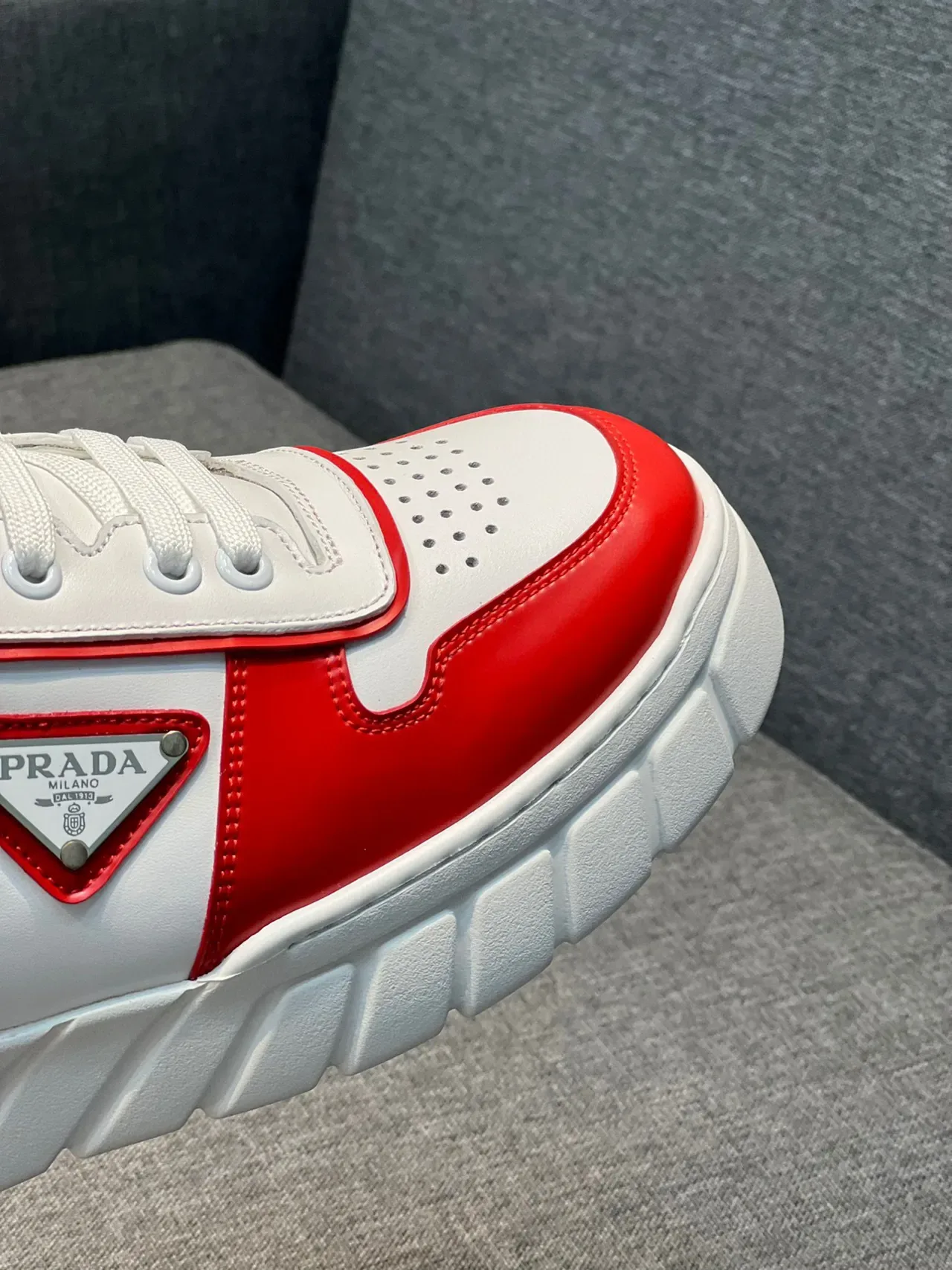 Prada White Red Ridged Sole Perforated Toe Cap Chunky Sneakers 3