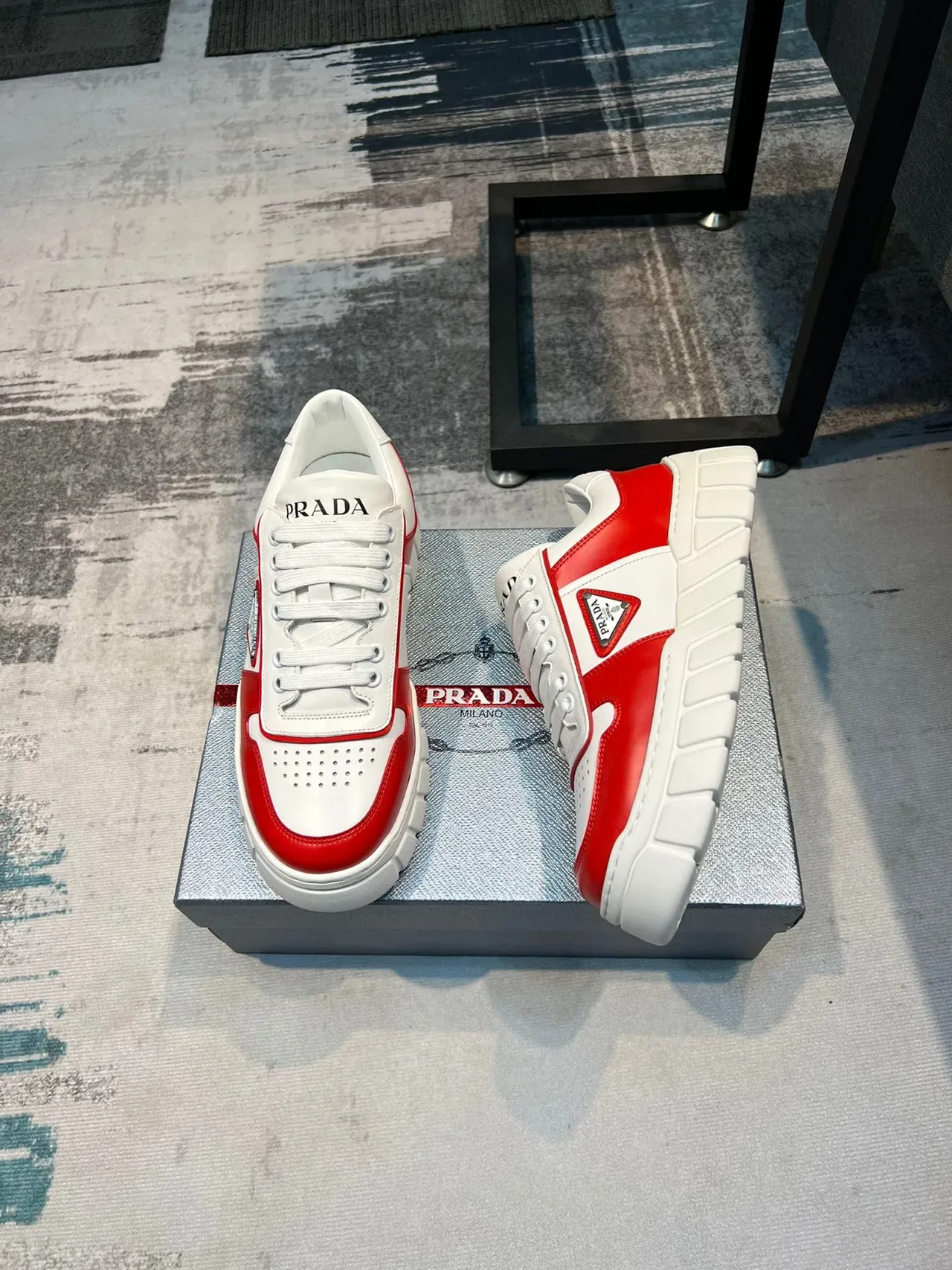 Prada White Red Ridged Sole Perforated Toe Cap Chunky Sneakers 4