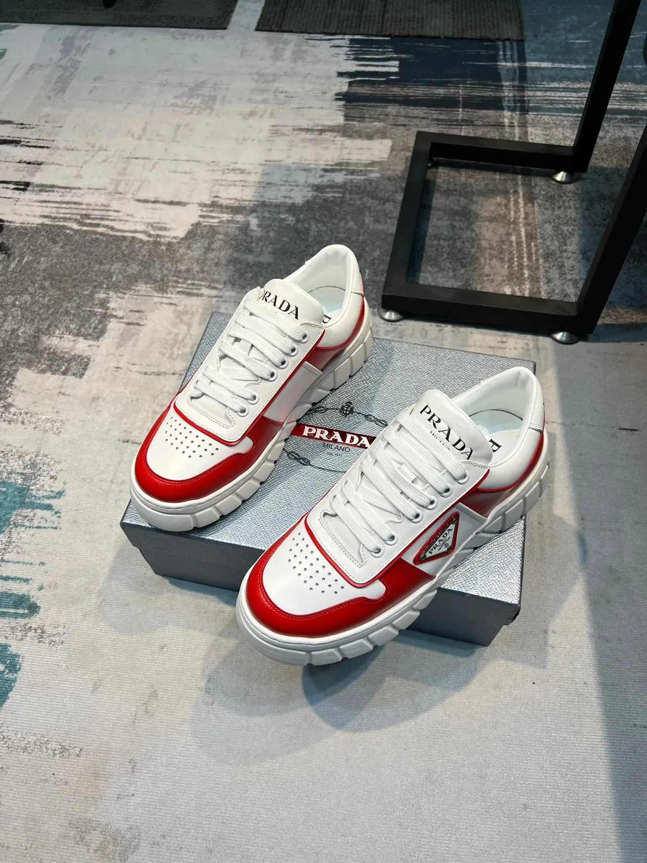 Prada White Red Ridged Sole Perforated Toe Cap Chunky Sneakers 5