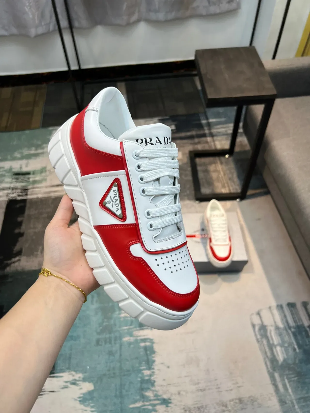 Prada White Red Ridged Sole Perforated Toe Cap Chunky Sneakers 6
