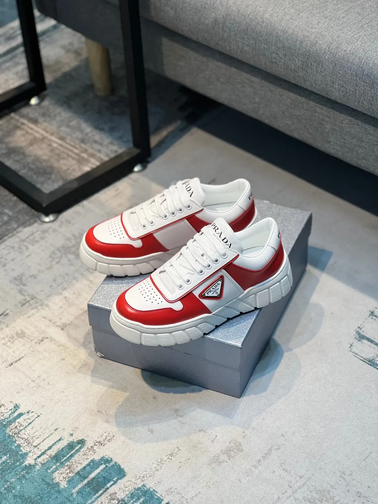 Prada White Red Ridged Sole Perforated Toe Cap Chunky Sneakers 7