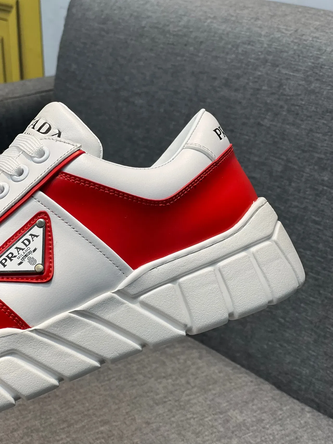 Prada White Red Ridged Sole Perforated Toe Cap Chunky Sneakers 8