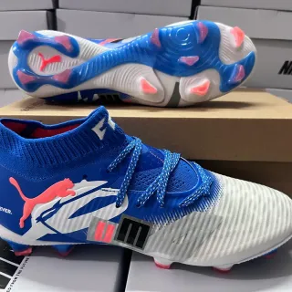 Puma Blue White Knit Sock-Fit Collar Asymmetrical Lacing System Firm-Ground Soccer Shoes