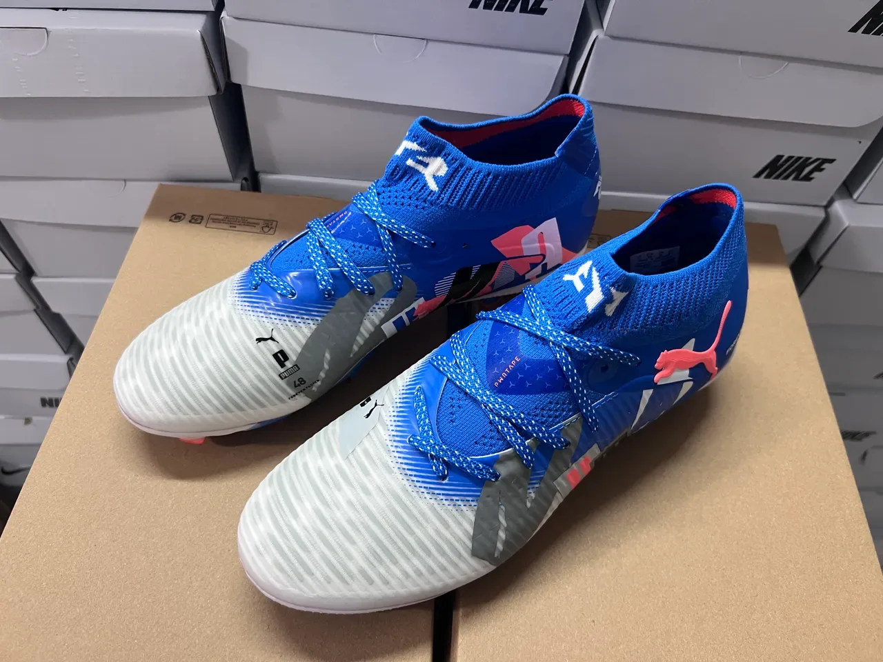 Puma Blue White Knit Sock-Fit Collar Asymmetrical Lacing System Firm-Ground Soccer Shoes 2