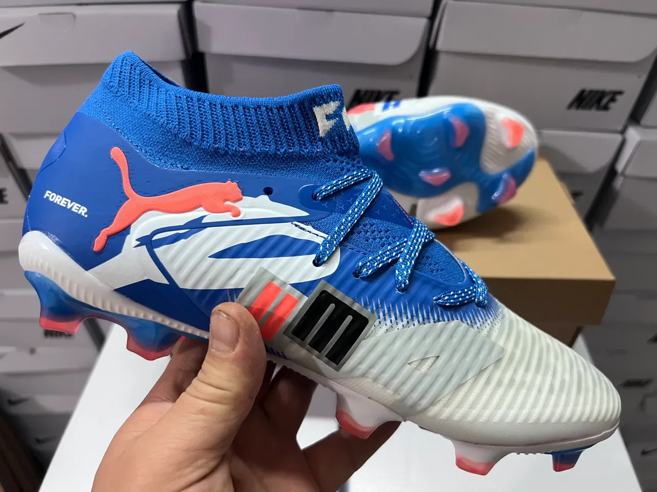 Puma Blue White Knit Sock-Fit Collar Asymmetrical Lacing System Firm-Ground Soccer Shoes 5