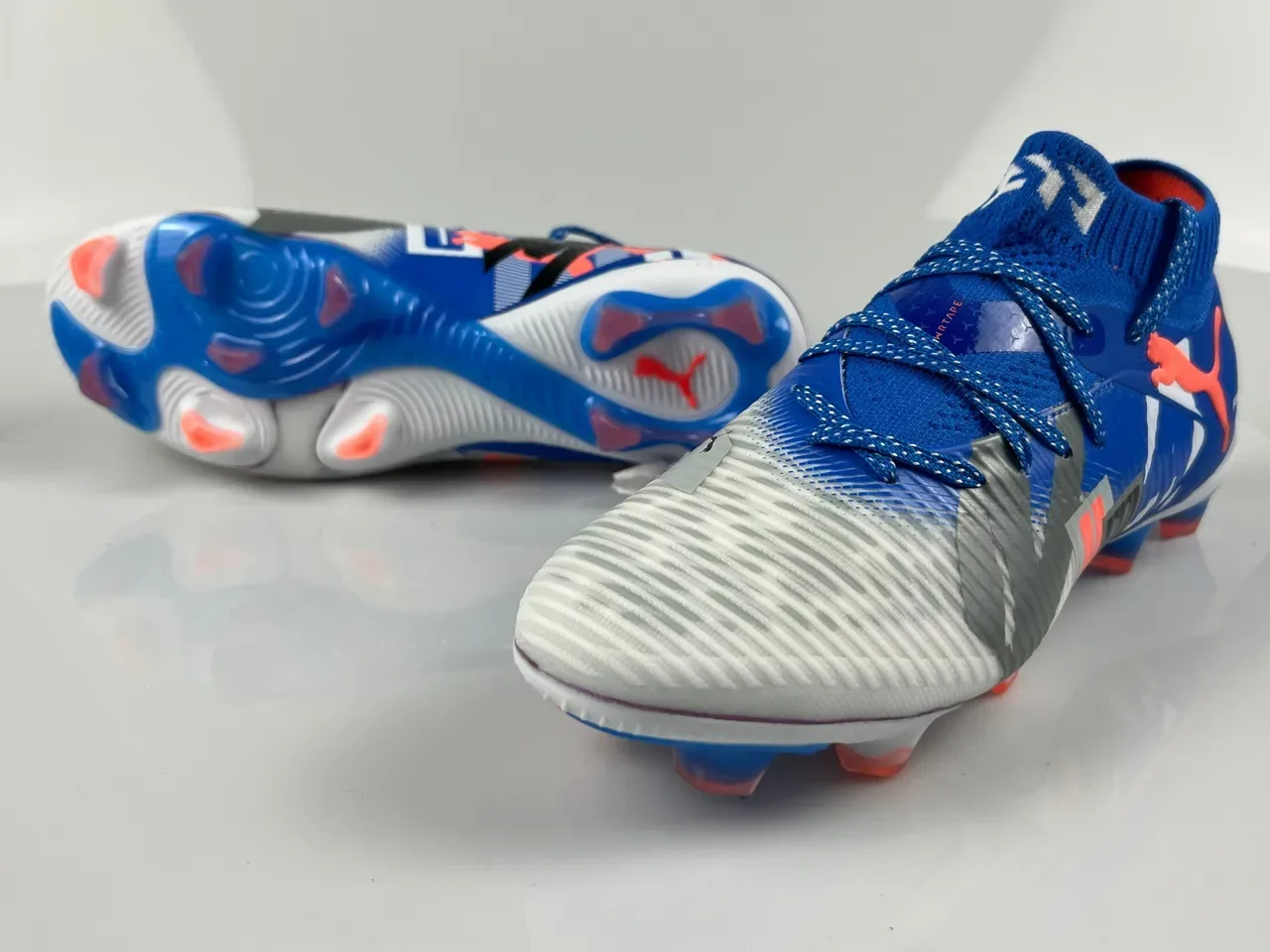 Puma Blue White Knit Sock-Fit Collar Asymmetrical Lacing System Firm-Ground Soccer Shoes 11