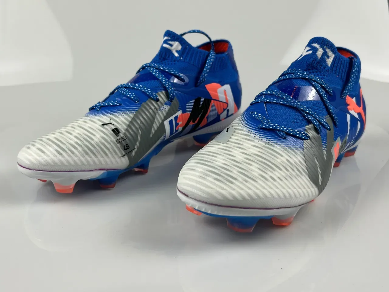 Puma Blue White Knit Sock-Fit Collar Asymmetrical Lacing System Firm-Ground Soccer Shoes 12
