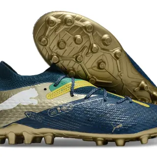 Puma Future Z Navy Gold Low-Cut Knit Collar Asymmetric Lacing System Firm-Ground Soccer Shoes
