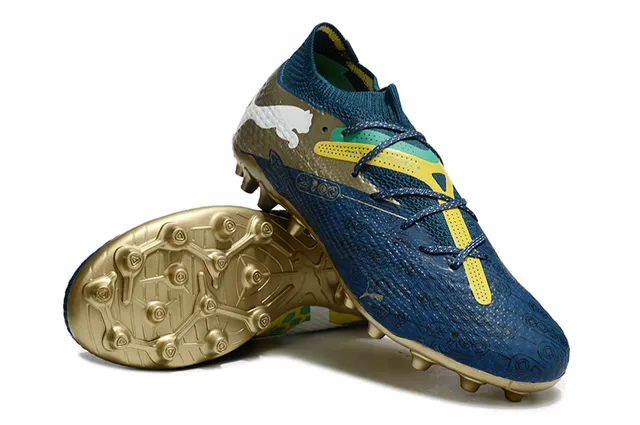 Puma Future Z Navy Gold Col Bas en Tricot Système de Lacets Asymétrique Terrain Ferme Chaussures de Football 4