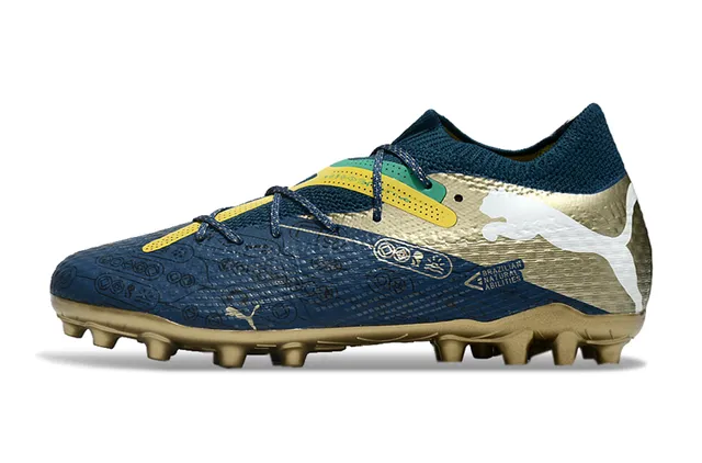 Puma Future Z Navy Gold Col Bas en Tricot Système de Lacets Asymétrique Terrain Ferme Chaussures de Football 7