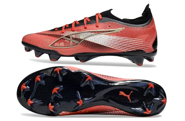 Puma Rouge Noir Low-Cut Upper Knit Dynamique Or-Blanc Formstrip Terrain Ferme Chaussures de football 6