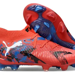 Puma Red Blue Low-Cut Sock-Fit Collar Ribbed Synthetic Forefoot Cage Firm-Ground Soccer Shoes