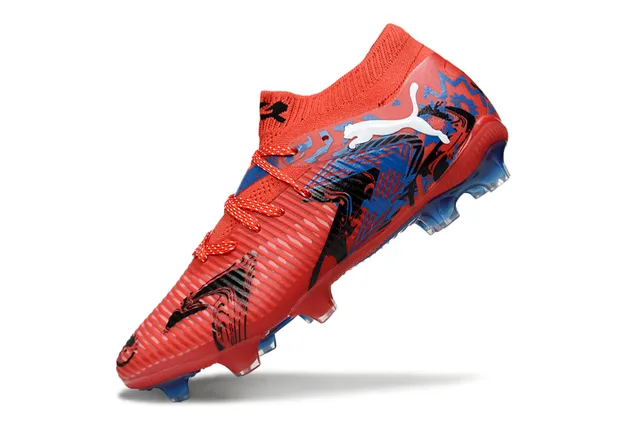 Puma Vermelho Azul Low-Cut Sock-Fit Collar Ribbed Synthetic Forefoot Cage Firm-Ground Sapatos de futebol 3