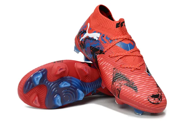 Puma Vermelho Azul Low-Cut Sock-Fit Collar Ribbed Synthetic Forefoot Cage Firm-Ground Sapatos de futebol 4