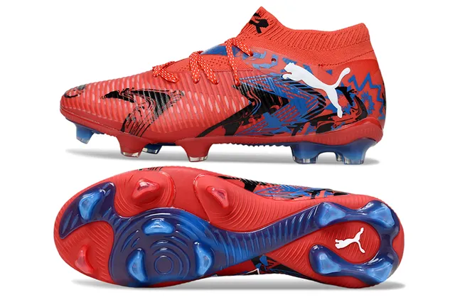 Puma Vermelho Azul Low-Cut Sock-Fit Collar Ribbed Synthetic Forefoot Cage Firm-Ground Sapatos de futebol 6