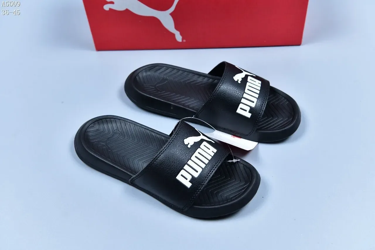 Puma Slide Black and White Logo Slippers 2