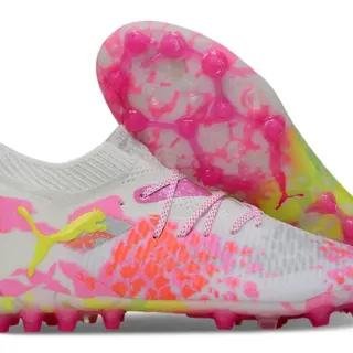 Puma White Pink Low-Cut Knit Collar Asymmetric Lace Cover Firm-Ground Soccer Shoes