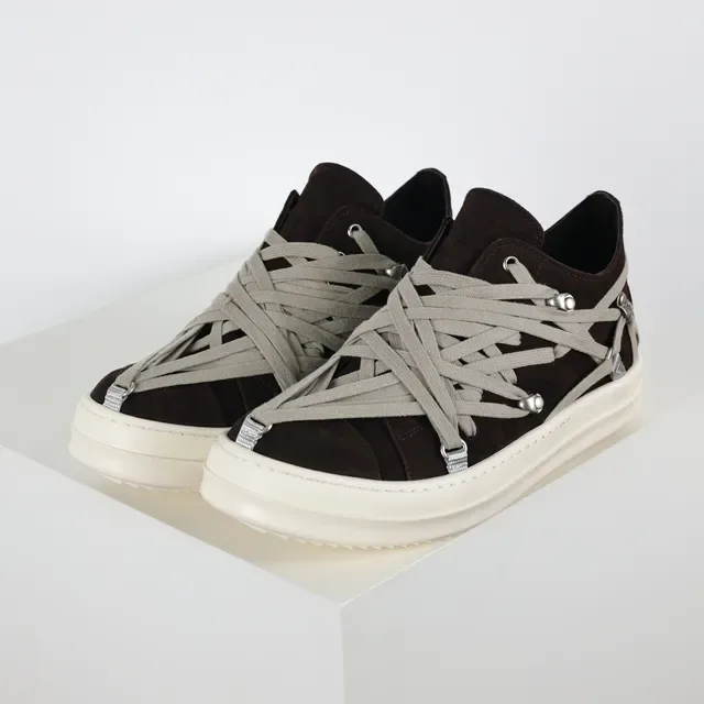 Rick Owens Brown Gray Suede Upper Multi-Layer Crisscross Lacing Lifestyle Sneakers 2