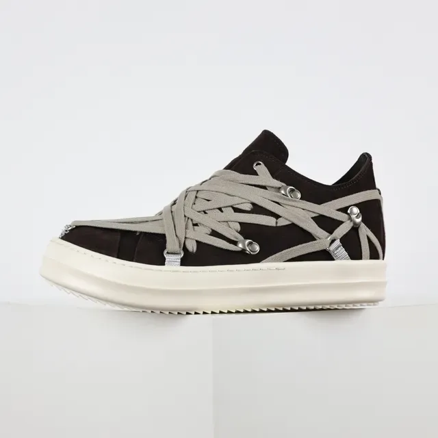 Rick Owens Brown Gray Suede Upper Multi-Layer Crisscross Lacing Lifestyle Sneakers 9