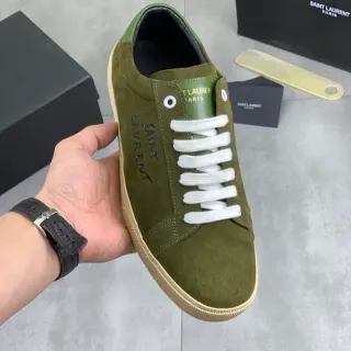 Saint Laurent Army Green White Olive Suede Embroidered Branding Lifestyle Sneakers