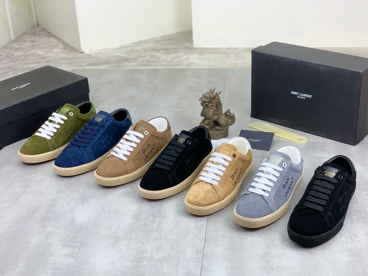 Saint Laurent Verde Ejército Blanco Oliva Ante Bordado Marca Estilo de vida Zapatos 2