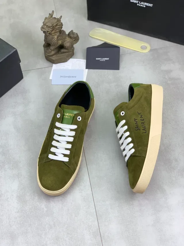 Saint Laurent Verde Ejército Blanco Oliva Ante Bordado Marca Estilo de vida Zapatos 6