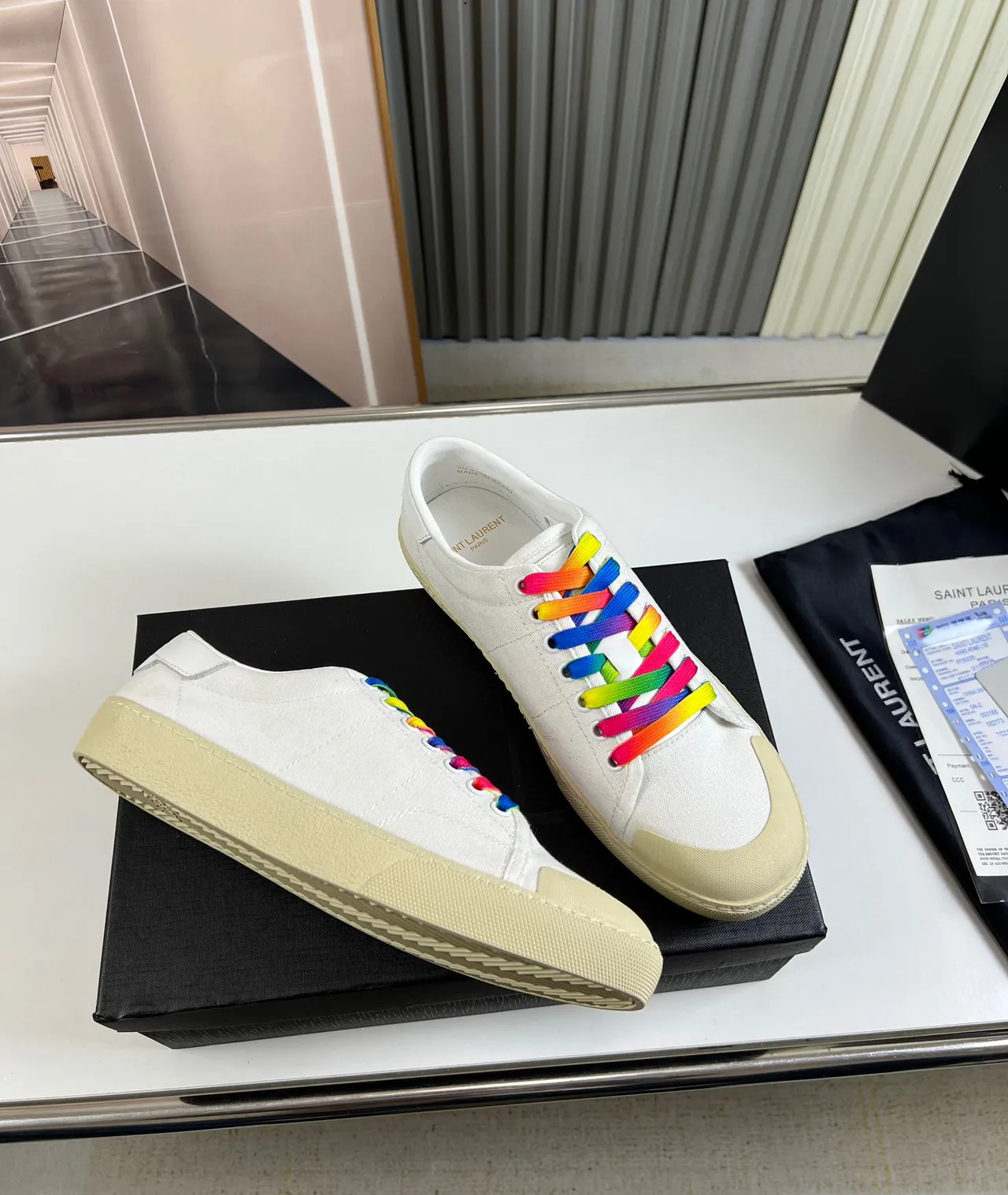 Saint Laurent Beige Multicolor Canvas Upper Rainbow Laces Sneakers 4