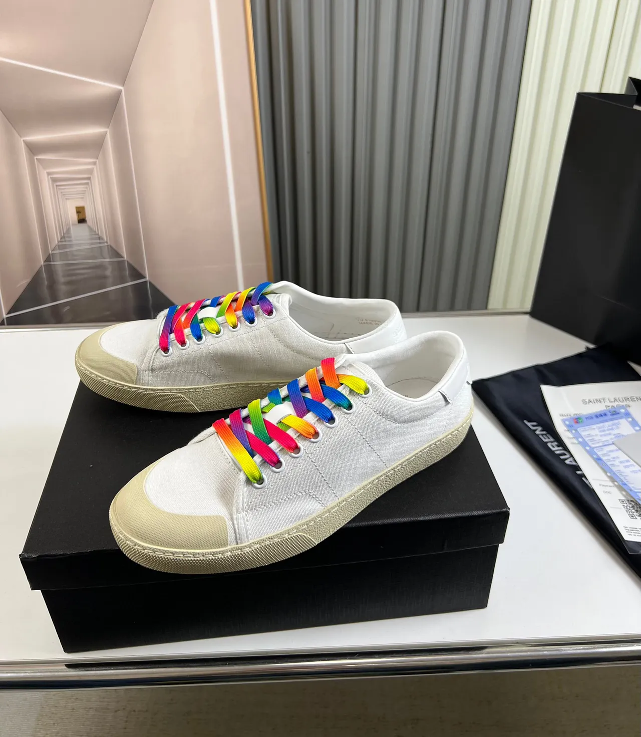 Saint Laurent Beige Multicolor Canvas Upper Rainbow Laces Sneakers 7