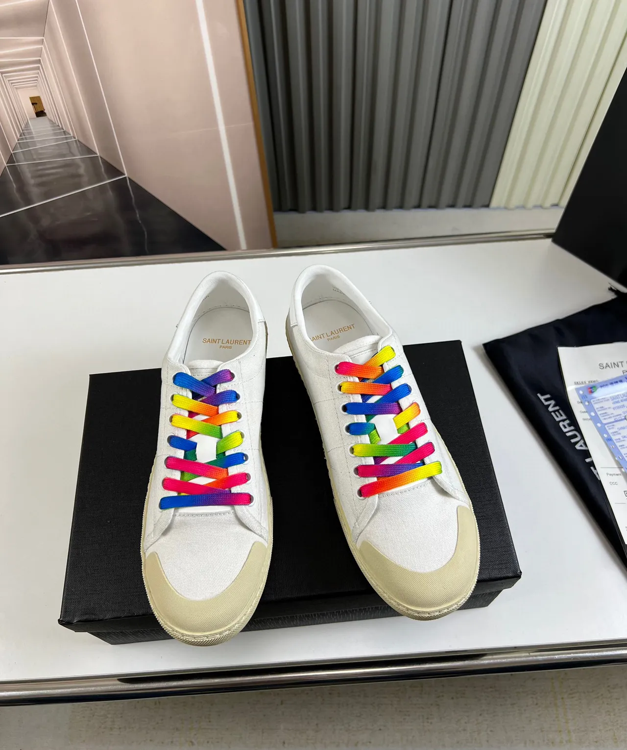 Saint Laurent Beige Multicolor Canvas Upper Rainbow Laces Sneakers 8