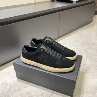 Saint Laurent Black Beige Suede Upper Handwritten Logo Lifestyle Sneakers