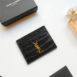 Saint Laurent Black Gold Crocodile-Embossed Leather YSL Monogram Card Holder