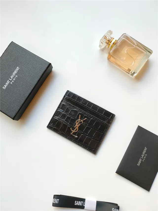 Saint Laurent Porte-cartes en Cuir Noir et Or Embossé Crocodile YSL Monogram 6