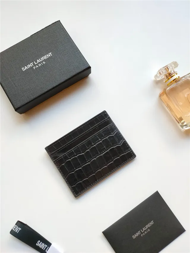 Saint Laurent Porte-cartes en Cuir Noir et Or Embossé Crocodile YSL Monogram 11