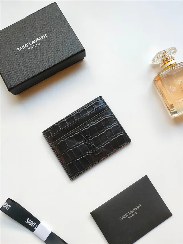 Saint Laurent Porte-cartes en Cuir Noir et Or Embossé Crocodile YSL Monogram 13
